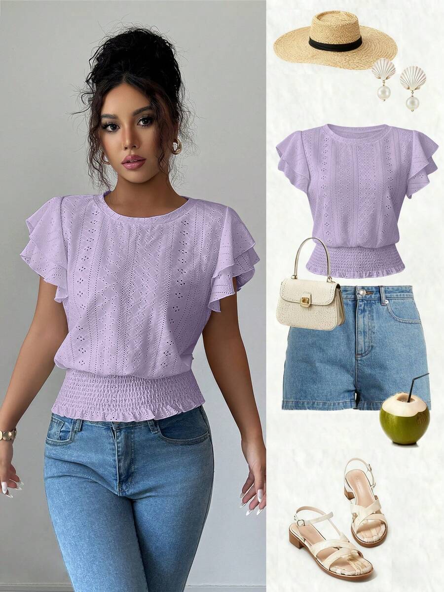 Selianne Kaos Polos Kasual untuk Liburan dengan Bordir Berongga dan Kerah Bulat - Mauve Purple - View 1