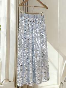DAZY Chân váy chữ A đính sequin bạc thanh lịch dành cho nữ, thích hợp cho mùa xuân/hè. - Bạc - Xem 1