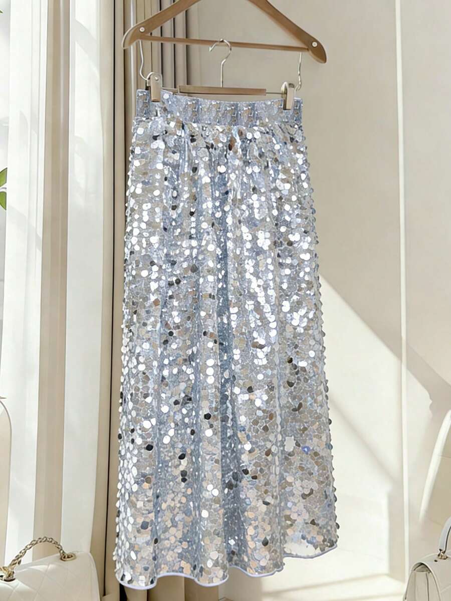 DAZY Chân váy chữ A đính sequin bạc thanh lịch dành cho nữ, thích hợp cho mùa xuân/hè. - Bạc - Xem 1