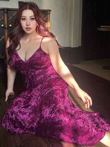 Dazy Plus Flocked Floral Bodycon Sexy Long Sleeve Maxi Nightgown, Plus Size Women Spring/Summer Sleepwear - Hot Pink - View 1