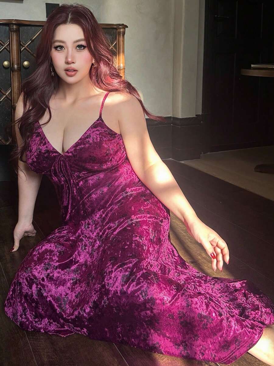 Dazy Plus Flocked Floral Bodycon Sexy Long Sleeve Maxi Nightgown, Plus Size Women Spring/Summer Sleepwear - Hot Pink - View 1