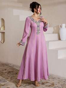Modelyn Embroidered Trim Patchwork Elegant Modest Plus Size Long Sleeve Dress Wedding Purple Autumn - Hot Pink - View 5