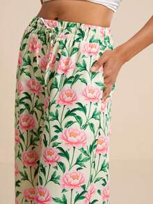 LOTSLUV Women's Elegant Romantic Yellow Rose Floral Print Straight Leg Pants With Embroidered Ruffle Hem, Spring/Summer - Yellow - View 4