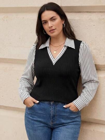 Juhart Plus Size Women Needle Woven Spliced 2 In 1 Fitted Commuter Top, New Arrival Fall Cloth For Women