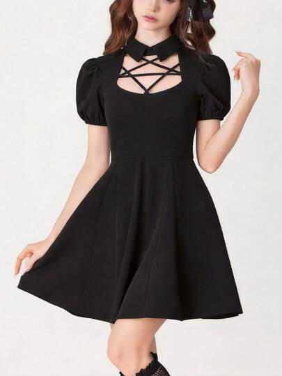 ROMWE Gothic Retro Puff Sleeve Five-Pointed Star Strap Women Short Dress
