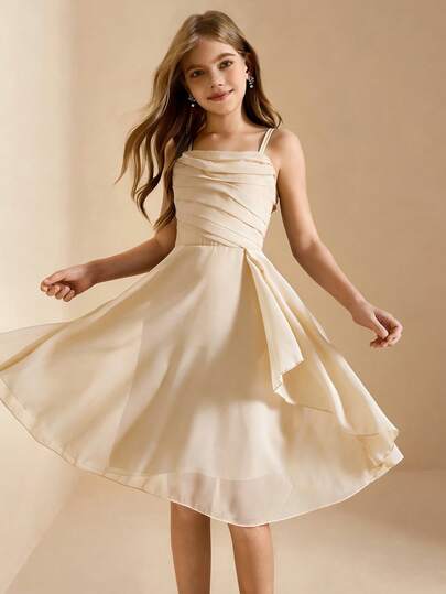 Tween Girls Elegant Luxurious Navy Blue Spaghetti Strap Mid-Length Fitted Dress Suitable For Evening Parties, Banquets, Birthdays, Performances, Vacations, Weddings, Flower Girl, Dances, Graduation, Christmas, Halloween, And Other Occasions