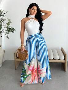 Vavine Blue & White Pleated Waist Loose Women Casual Pants - Multicolor - View 7