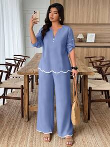 Weeklong Plus Size Women's Spring/Summer Arched Color Block Floral Trim Casual 2 Pieces Set Fall - Dusty Blue - View 4