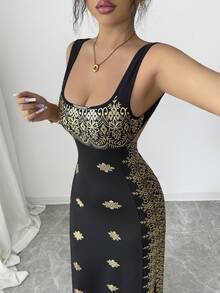 SHEIN Raffinéa Women's Shiny Gold & Black Summer New Dress, Square Neck Spaghetti Strap Backless Slit Hem Fitted High Waist Dress, Suitable For Party, Wedding, Business Banquet, Daily Occasions, Gala, Wedding Party, Holiday Attire - Black - View 3