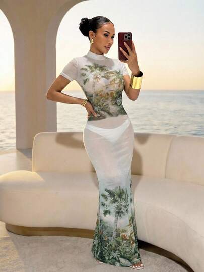 Slaydiva 新款春夏音乐节、情人节、复活节休闲简约基础款Y2K街头风甜美热销日常约会性感运动翻领短袖修身连衣裙，白色底森林树枝油画印花女装