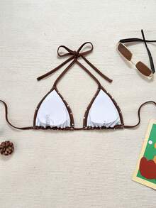 Swim Vcay New Women's Spaghetti Strap Black & White Polka Dot Sexy Bikini Top - Coffee Brown - View 3