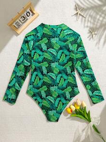 SHEIN Teen Girl Full Print Long Sleeve One-Piece Swimsuit, Suitable For Beach Vacation, Pool Party, Beach Party - Multicolor - View 1