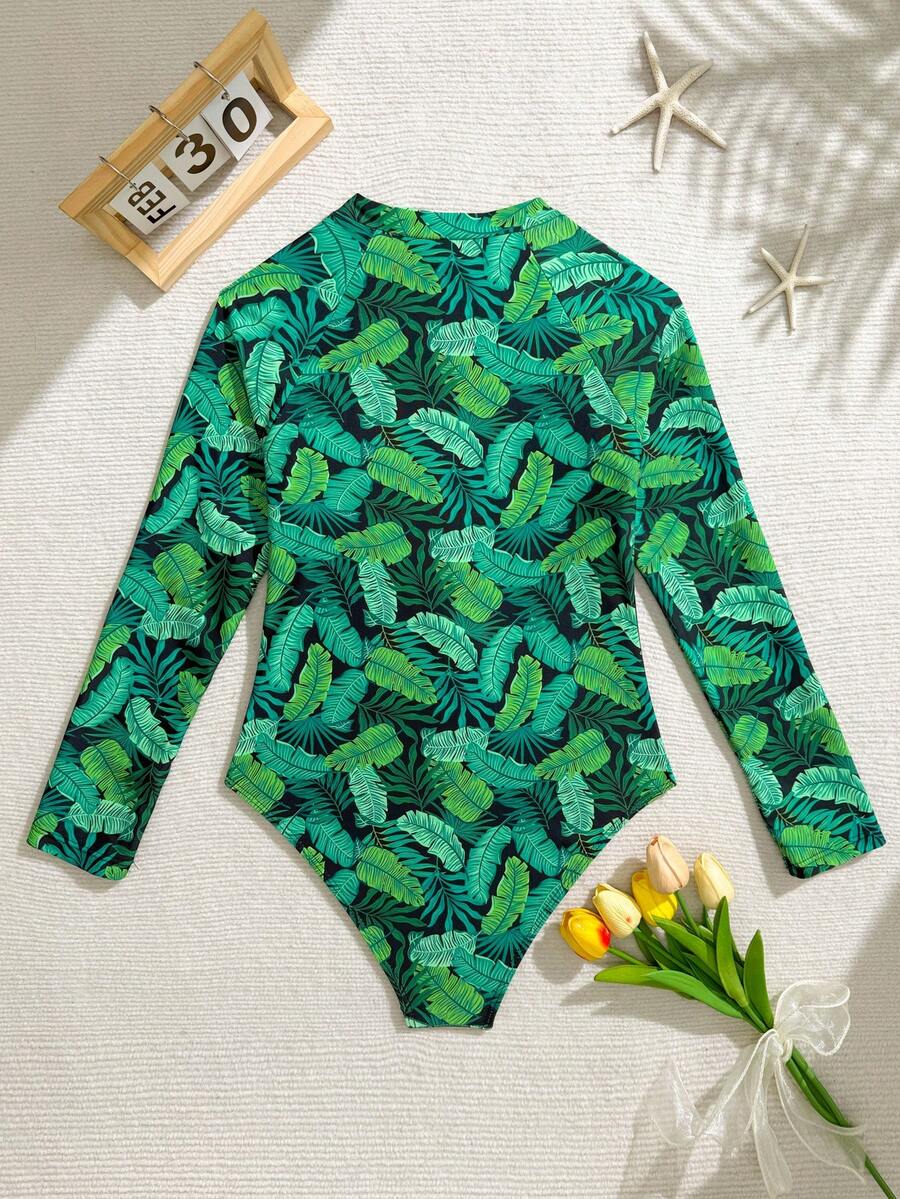 SHEIN Teen Girl Full Print Long Sleeve One-Piece Swimsuit, Suitable For Beach Vacation, Pool Party, Beach Party - Multicolor - View 1