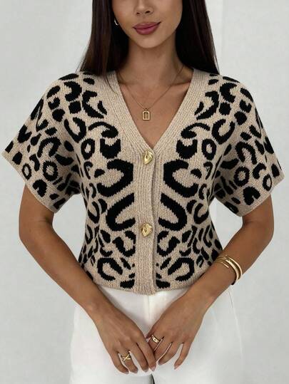 Plus Size Women Casual Elegant Leopard Print Button Short Sleeve Cardigan, Spring/Summer
