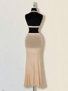 SHEIN ICON Women's Apricot Deep V Rhinestone Sheer Backless Maxi Mermaid Dress, Sexy For Party And Events,Summer Dresses For Women - Nude - View 2