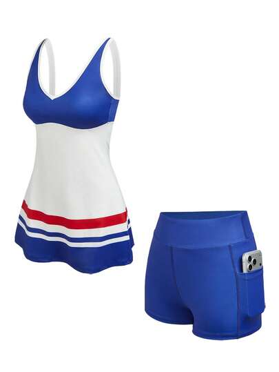  Cheerettes 2pcs Women Casual Patchwork Color Sports Dress And Shorts Set  Cheerleader Outfit Sleeveless Sports Dress Cheerleading Outfit