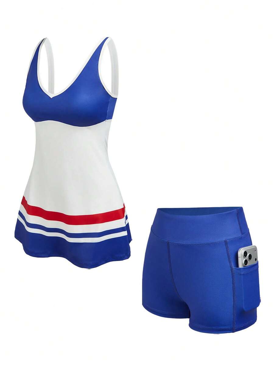 SHEIN Cheerettes 两件套女士休闲拼接撞色运动连衣裙和短裤套装 - 藍白色 - 查看 1