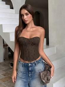 Aloruh Women's Summer New Coffee Color Elegant Sexy Fashionable Romantic Minimalist Wedding Guest Floral Patchwork Strapless Bustier,Summer Top - Coffee Brown - View 4