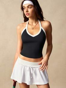 VARSIVA Contrast Color Trim Backless Racerback Sports Tank Top Backless Body Shaper - Black and White - View 5