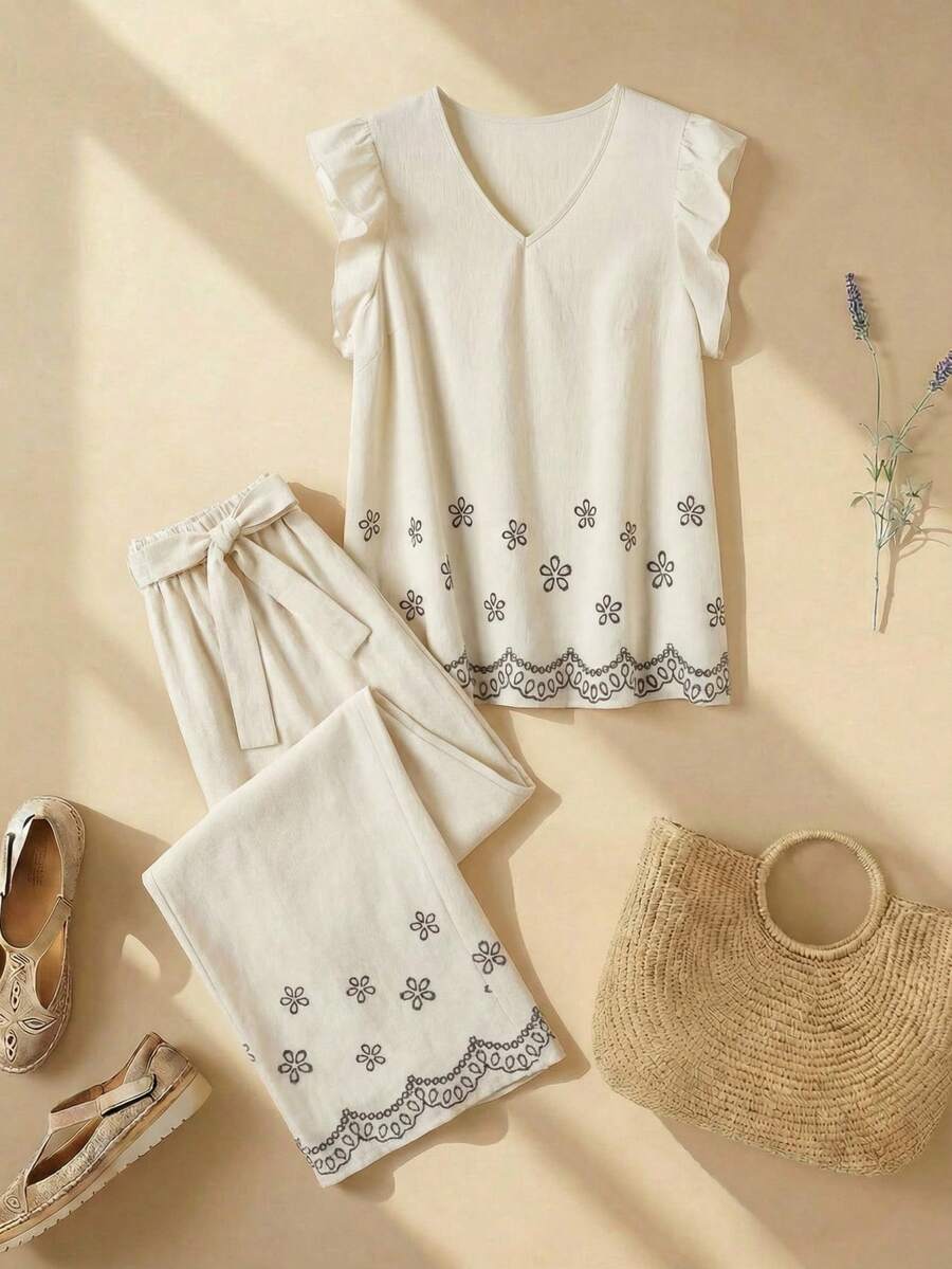 Rusticease Women's Casual Floral Print V-Neck Ruffle Armhole Top And Tie Waist Wide Leg Pants 2-Piece Set, Spring/Summer Lounge Wear Set Zanzea Terno Pants And Blouse Clothes For Ladies Summer Set For Woman 2 Piece Set Yrack Suits For Ladies Pants And Blouse Set Two Pieces Casual Pants And Top Zoo Outfits Women Z65c7 Code Clothes For Ladies Discount Summer Clothes Women Sets Casual Summer Outfits For Woman Pijams Summer Set For Woman Festival Outfits For Women - Multicolor - View 1