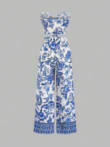 Sweetra Women's Spring/Summer Blue & White Tie-Up Bandeau Top & Comfortable Versatile Wide Leg Straight Pants 2-Piece Set - Blue and White - View 2