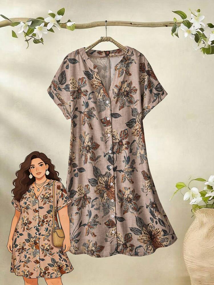 Plus Size Notched Neck Short Sleeve Front Button Casual Elegant Dress\Summer\Vacation  Summer Dress  Summer Outfits Summer Clothes Spring Dress Spring Outfit Women Spring Clothing Country Style For Women Country Dress For Women