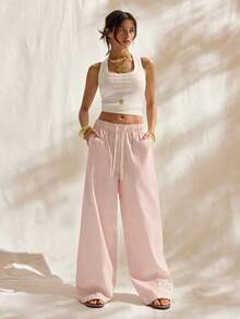 Easelle Quần ống đứng kẻ sọc dáng casual đa năng dành cho nữ, có dây rút ở eo và túi, thích hợp mặc hàng ngày. - Hồng - Xem 9