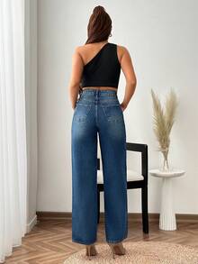 SHEIN 女士高腰中度水洗休闲牛仔裤 - 中等水洗藍 - 查看 2