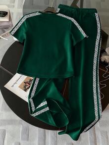 Resyla 蕾丝边饰简约圆领T恤套装，送朋友的礼物 - 墨綠色 - 查看 2