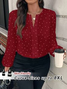 SHEIN CURVE+ Áo sơ mi dài tay cổ chữ V cỡ lớn, in họa tiết hoa toàn thân, kiểu dáng thường ngày. - Màu Đỏ Sâu - Xem 8