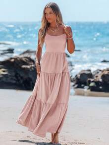 Sylviya 休闲长肩带系带蝴蝶结装饰吊带连衣裙，春夏 - 粉色 - 查看 2