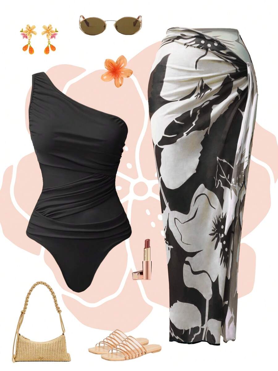 Swim Oasis Set de 2 monokinis de un solo color con fruncidos y pareo estampado para mujer - Negro - Ver 1