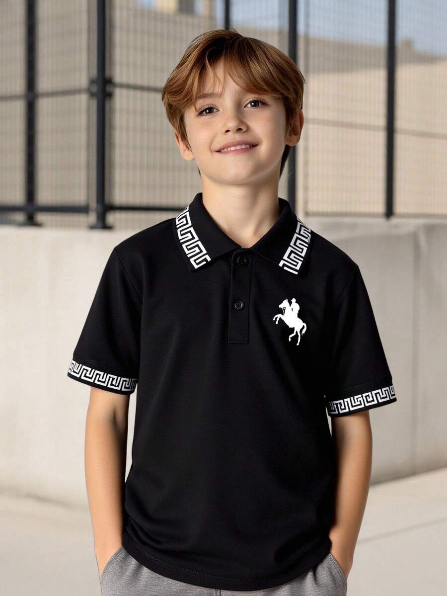 SHEIN Vacaura 青少年男孩骑士印花短袖Polo衫,适合休闲穿着 - 黑色 - 查看 1