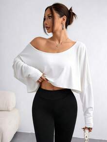 Elenzga Áo thun nữ cỡ lớn tay dài cổ lệch, dáng ngắn, màu trơn, thích hợp cho mùa xuân và mùa thu. - trắng - Xem 3