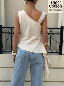 Siren Gaze 100% Cotton Asymmetrical Tie-Waist Sleeveless Top With Metal Buckle,Light Beige,Summer,Chic,Vacation,Holiday French Style Casual Tank Top - Apricot - View 2