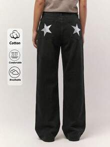 RueChic Women's Casual Button Pocket Wide Leg Denim Jeans ,Petite Women - Black - View 2