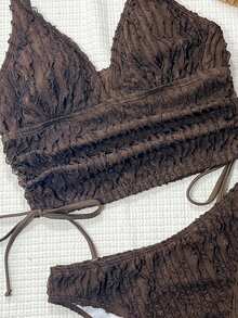 Swim Vcay Áo tắm hai mảnh kiểu tankini dáng suông, dây đeo chữ V sâu, chất liệu vải jacquard màu nâu, dành cho nữ, thích hợp mặc đi biển. - màu nâu - Xem 3