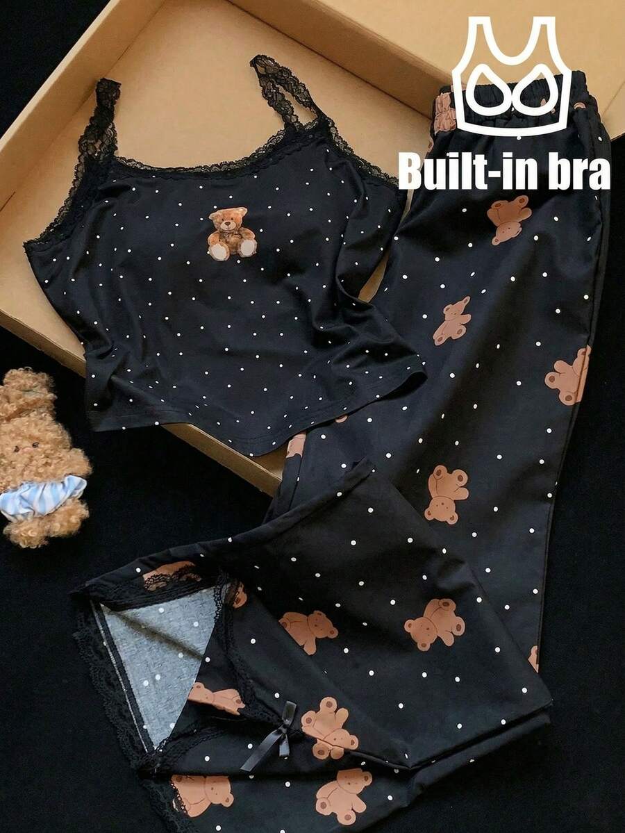 Comfortcana Bộ đồ thường ngày dành cho nữ cỡ lớn, họa tiết chấm bi hoạt hình, áo và quần ren. - màu đen - Xem 1