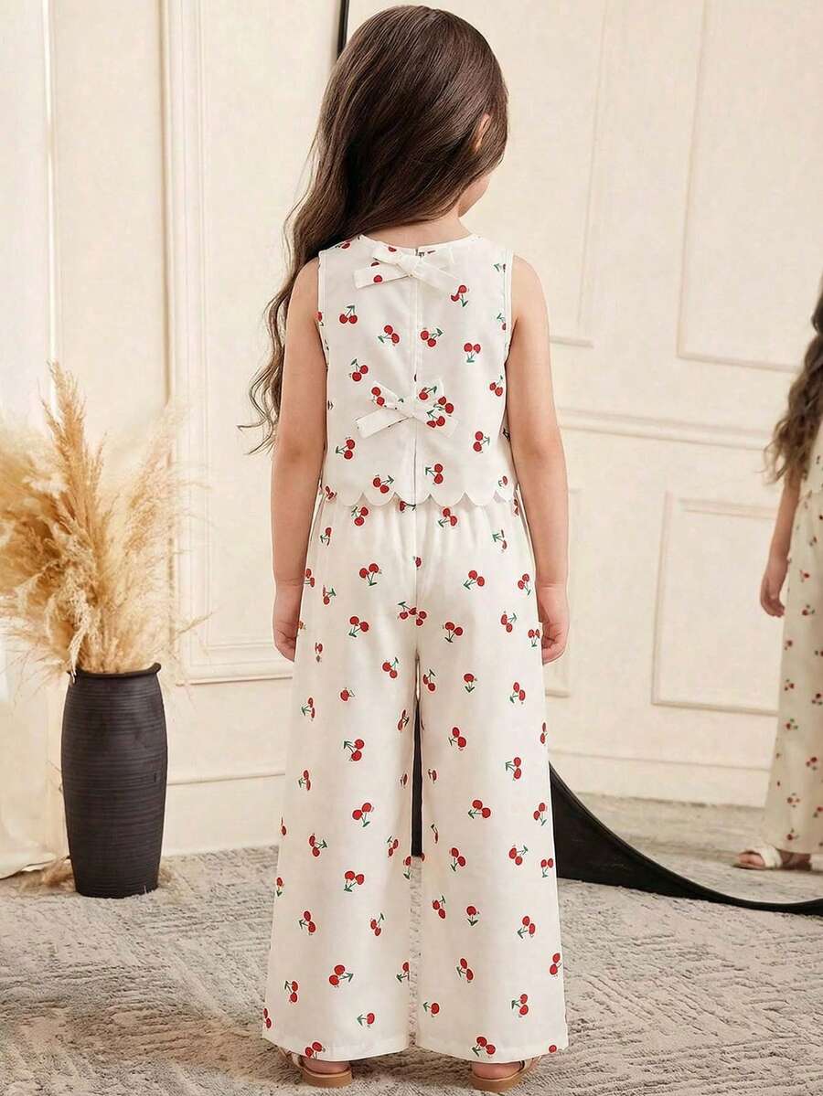 SHEIN 少女休闲可爱樱花印花圆领无袖上衣及长裤套装 - 杏色 - 查看 1