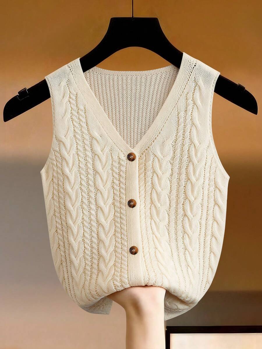 Franclia 女士单排扣麻花针织休闲背心 - 杏色 - 查看 1