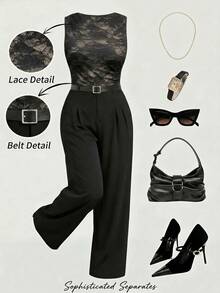 SHEIN MOD Mono elegante de encaje romántico negro con parches, adecuado para la oficina, el transporte, las damas y el uso en primavera/verano - Negro - Ver 7