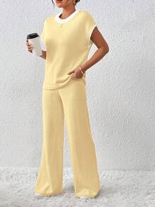 EMERY ROSE 女士撞色宽松休闲抽绳针织两件套 - 黃色 - 查看 5