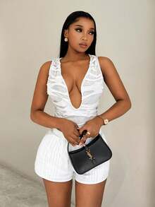 SHEIN BamGlam New Y2K Summer Sexy Solid Color Hollow Out Deep V Neck Halter Top Model Sexy Hot Gal , Jacquard Solid Color Tank Top,Summer Hot Girl Fashion Versatile Top Tank Top, Everyday Wear,Vacation Style Beach Style,Holiday Travel Casual Women's Outfits Clothes For Ladies White Crop Top Y2k Crop Top Women's White Top - White - View 3
