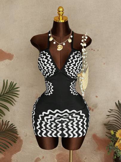 Sunspun Dark Color Draped Neck Tie-Up Sleeveless Mini Dress