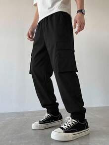 Teen Boy Solid Color Cargo Pants With Multiple Pockets And Ankle Cuffs - Black - View 2