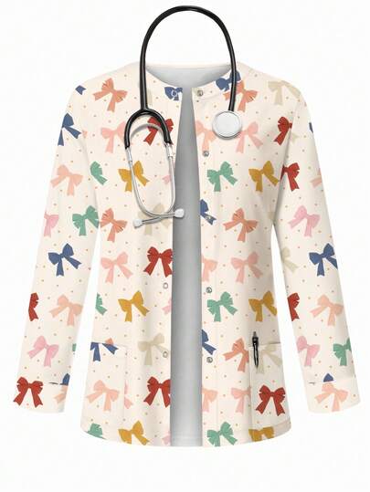 PopScrub Colorful Bow Tie & Polka Dot Minimalist Graphic Print Scrub Jacket, Fashion Cardigan With Hanging Earring Design For Women Nurse Uniform Top, Uniform Jacket For Spring/Summer