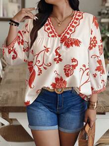 Weeklong Áo kiểu tay phồng cổ chữ V in họa tiết hoa ngẫu nhiên, thích hợp mặc thường ngày cho phụ nữ cỡ lớn. - Nhiều màu - Xem 3