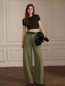Anewsta Military Green Wide Leg Loose Casual Pants - Army Green - View 6