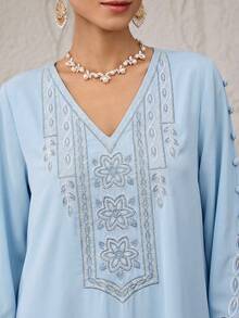 Al Najma Women's Floral Embroidery V-Neck Button Design Long Sleeve Loose Arabic Dress - Baby Blue - View 8