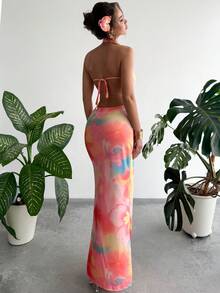 RiviMae Women's Pink Floral Mid-Length Dress,Halter Neck Tie With Gold Metal Buckle, Backless Tight Summer,Casual Holiday,Vacation,Holiday Resort Dresses - Multicolor - View 2